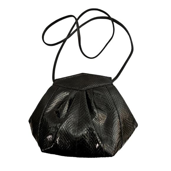 Vintage 80s Black Snakeskin Geometric Shoulder Bag Hexagon Pleated Purse - Picture 9 of 12